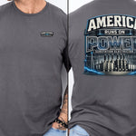 Substation Electrician Shirt – America Runs on Power Tee in Charcoal shirt color