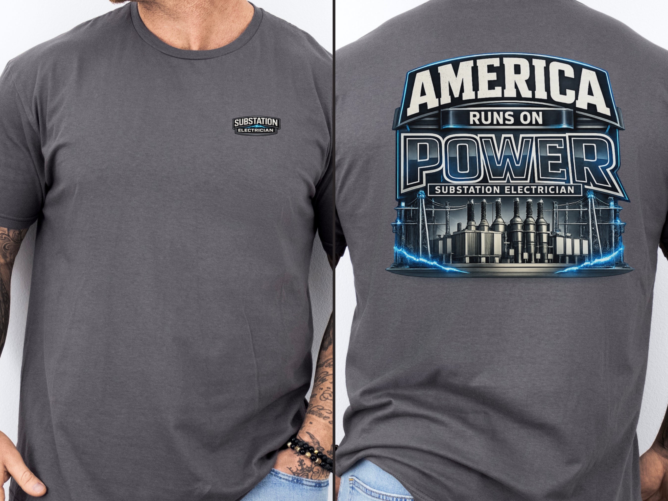 Substation Electrician Shirt – America Runs on Power Tee in Charcoal shirt color