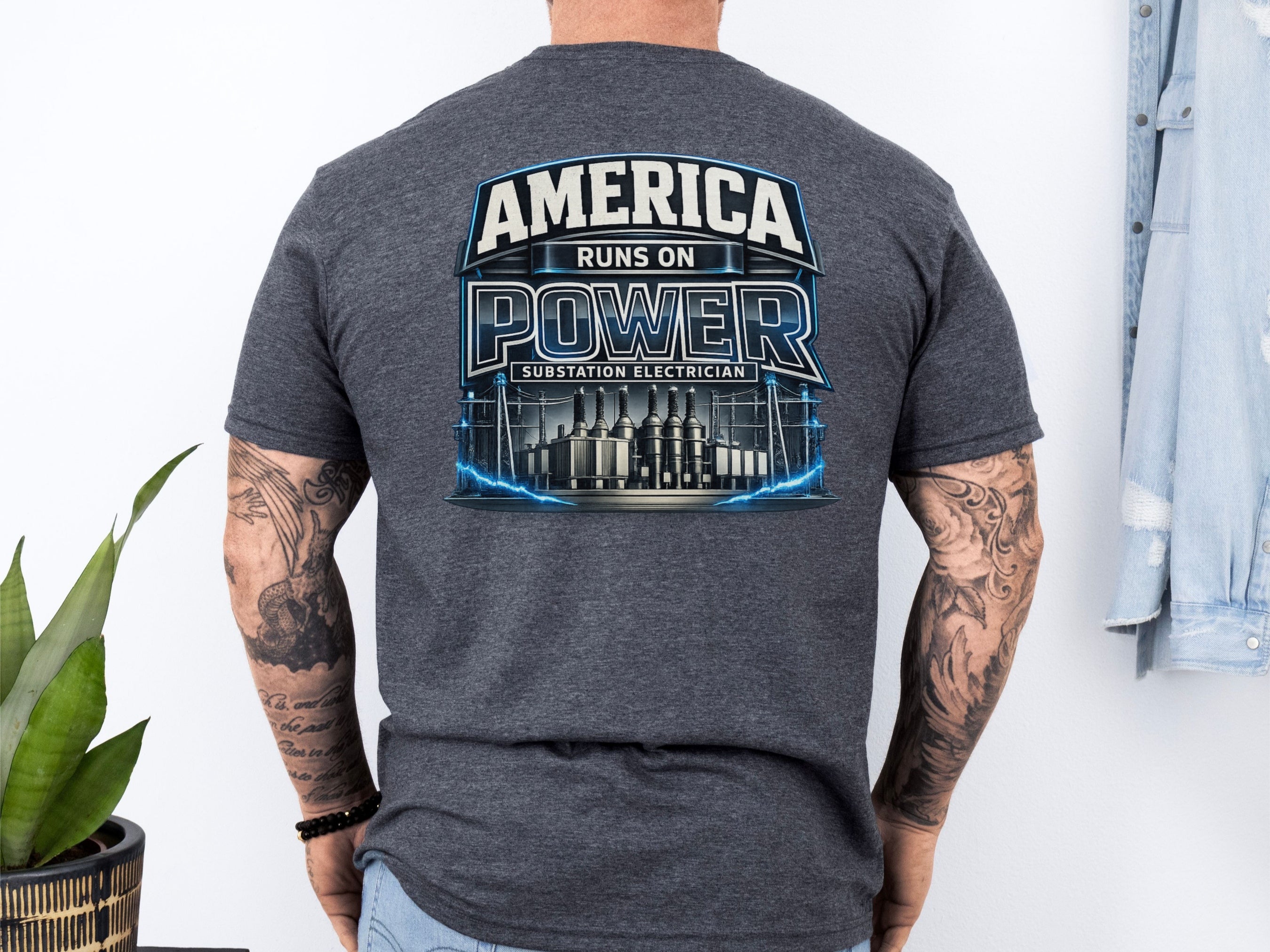 Substation Electrician Shirt – America Runs on Power Tee in Sand shirt color