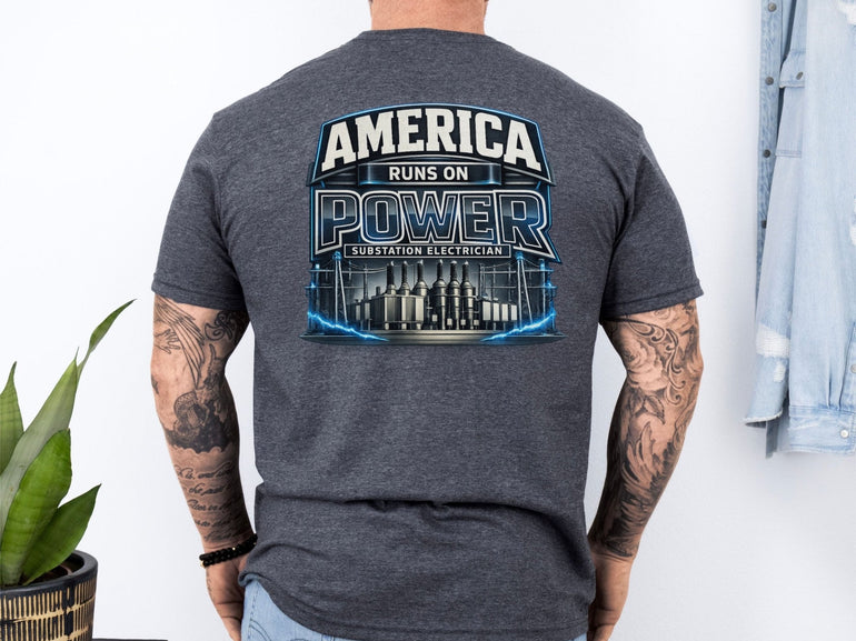 Substation Electrician Shirt – America Runs on Power Tee in Sand shirt color