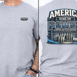 Substation Electrician Shirt – America Runs on Power Tee in Dark Heather shirt color