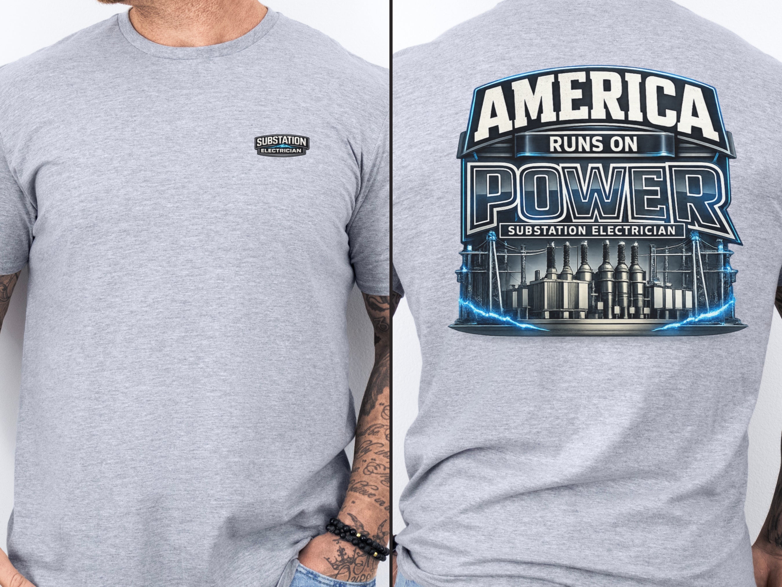 Substation Electrician Shirt – America Runs on Power Tee in Dark Heather shirt color