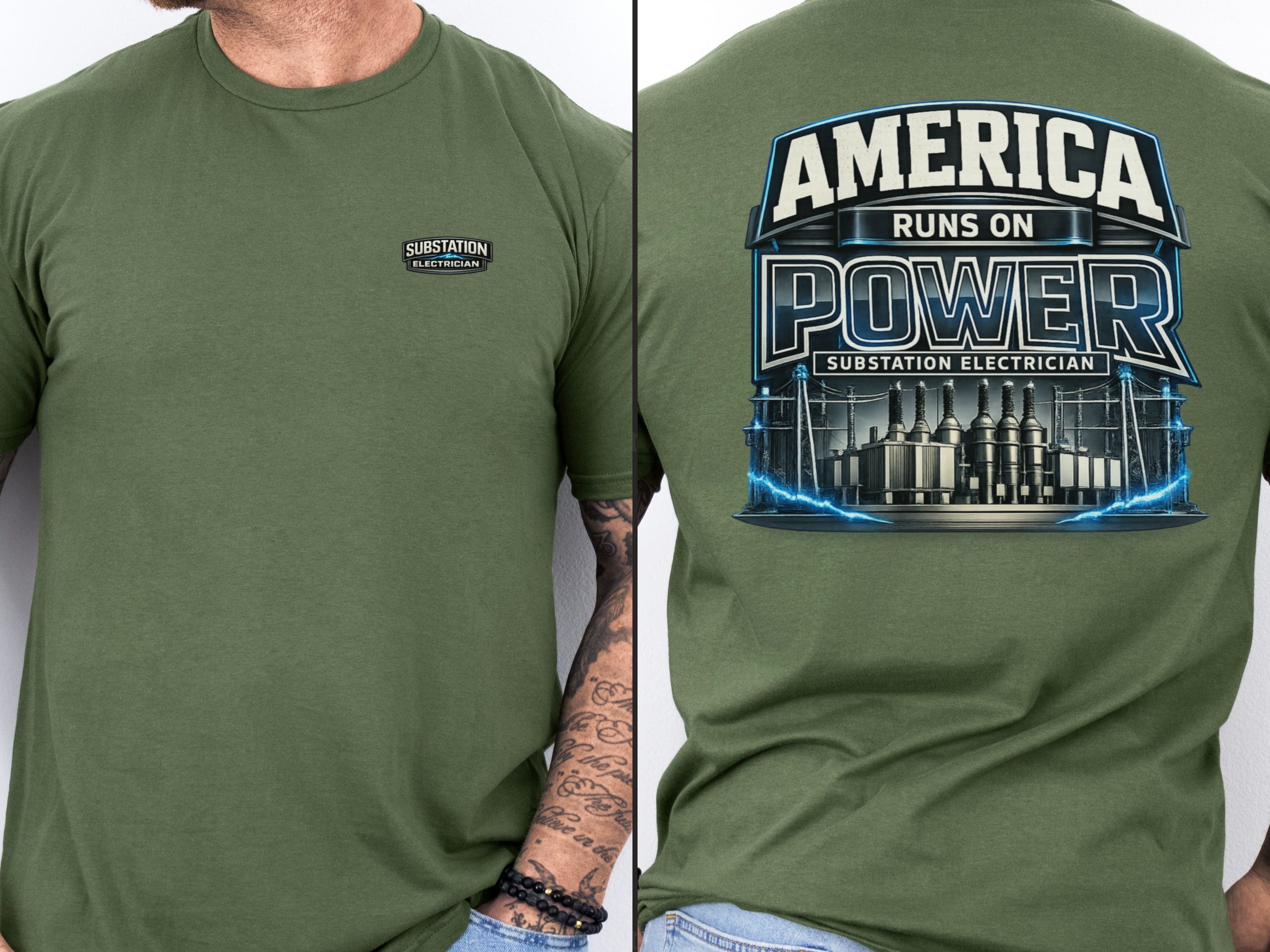 Substation Electrician Shirt – America Runs on Power Tee in White shirt color