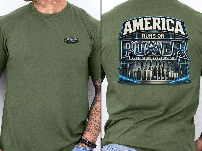 Substation Electrician Shirt – America Runs on Power Tee in White shirt color