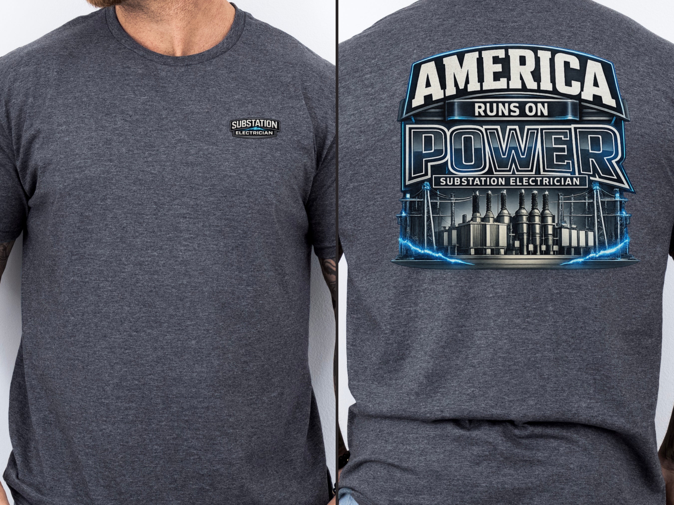 Substation Electrician Shirt – America Runs on Power Tee in White shirt color