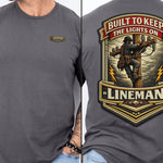 Lineman Shirt Built to Keep the Lights On Back Print Tee back print on Charcoal shirt