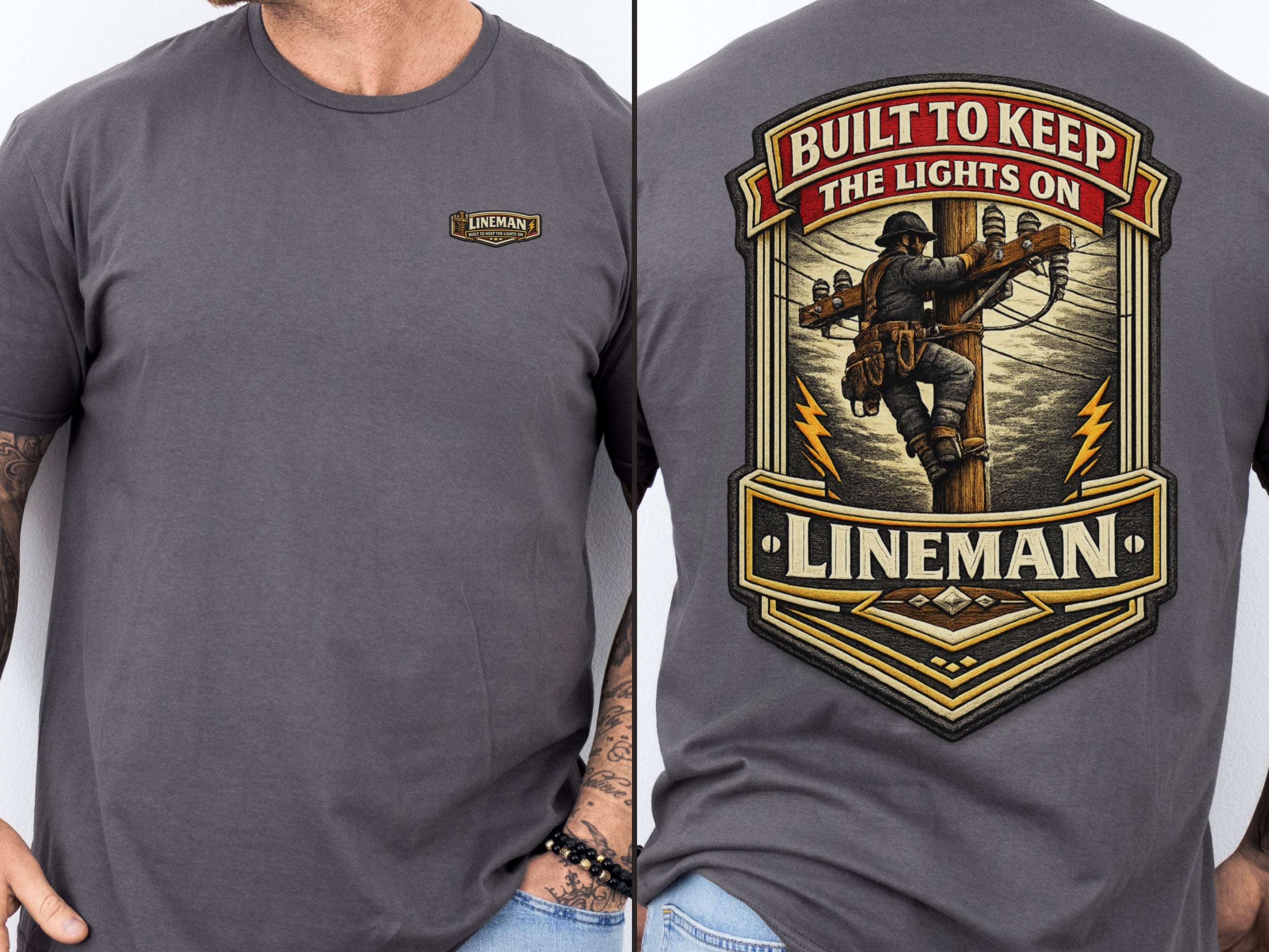 Lineman Shirt Built to Keep the Lights On Back Print Tee back print on Charcoal shirt