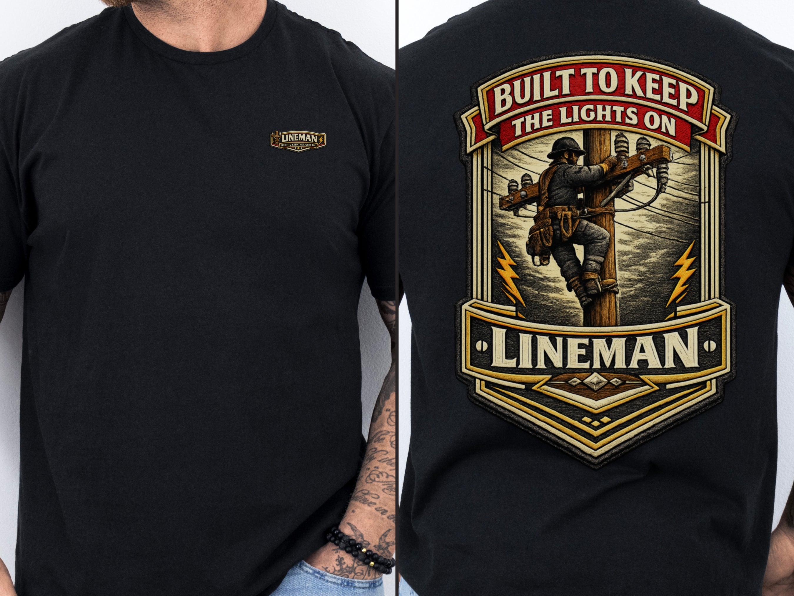 Lineman Shirt Built to Keep the Lights On Back Print Tee in Black shirt color