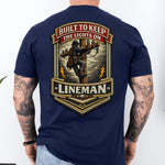 Lineman Shirt Built to Keep the Lights On Back Print Tee in Navy Blue shirt