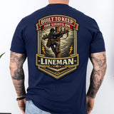 Lineman Shirt Built to Keep the Lights On Back Print Tee in Navy Blue shirt