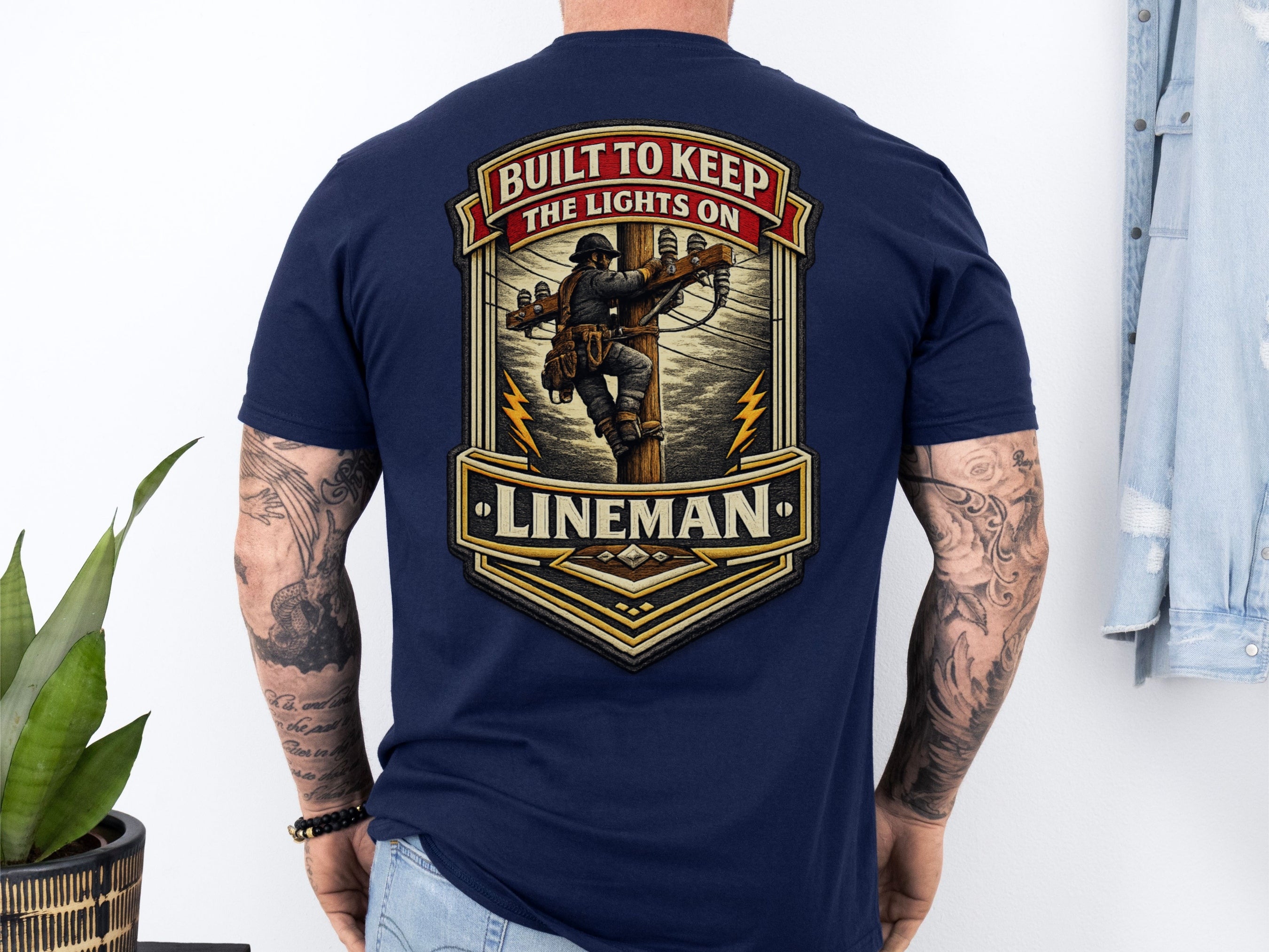 Lineman Shirt Built to Keep the Lights On Back Print Tee in Navy Blue shirt