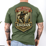 Lineman Shirt Built to Keep the Lights On Back Print Tee in military green shirt color
