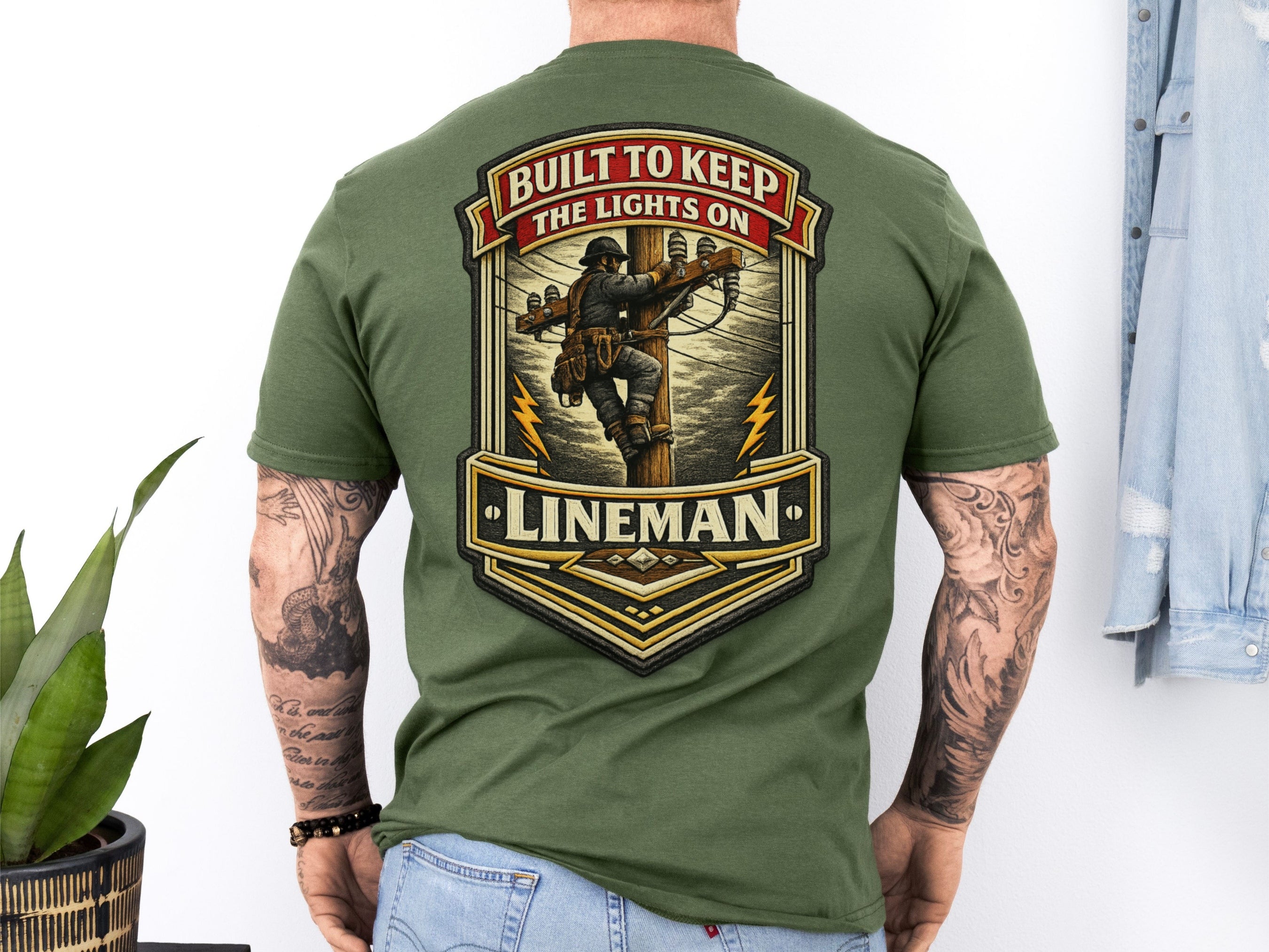 Lineman Shirt Built to Keep the Lights On Back Print Tee in military green shirt color