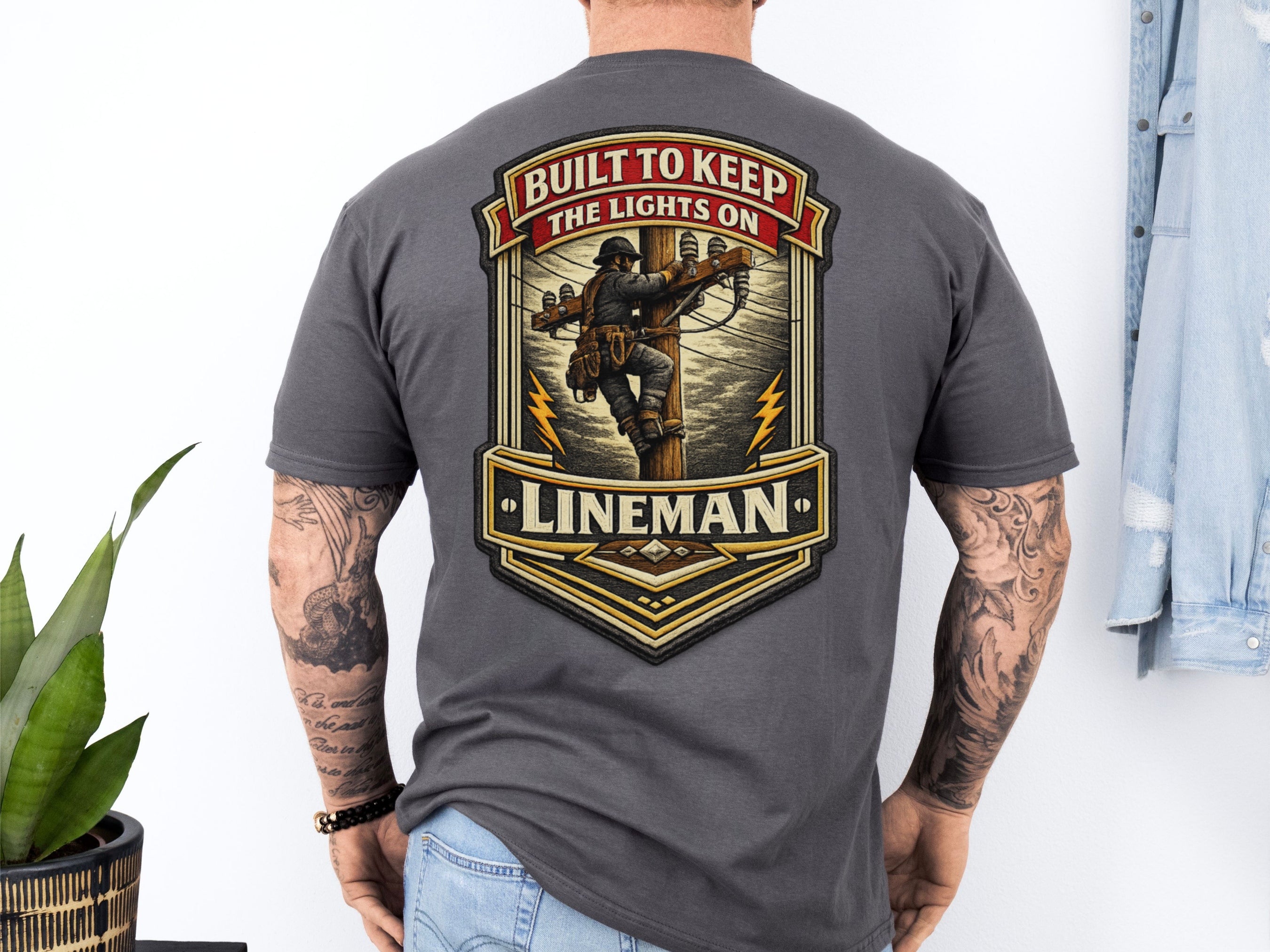 Lineman Shirt Built to Keep the Lights On Back Print Tee in Charcoal shirt color