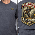 Lineman Shirt Built to Keep the Lights On Back Print Tee back print on Heather Gray shirt