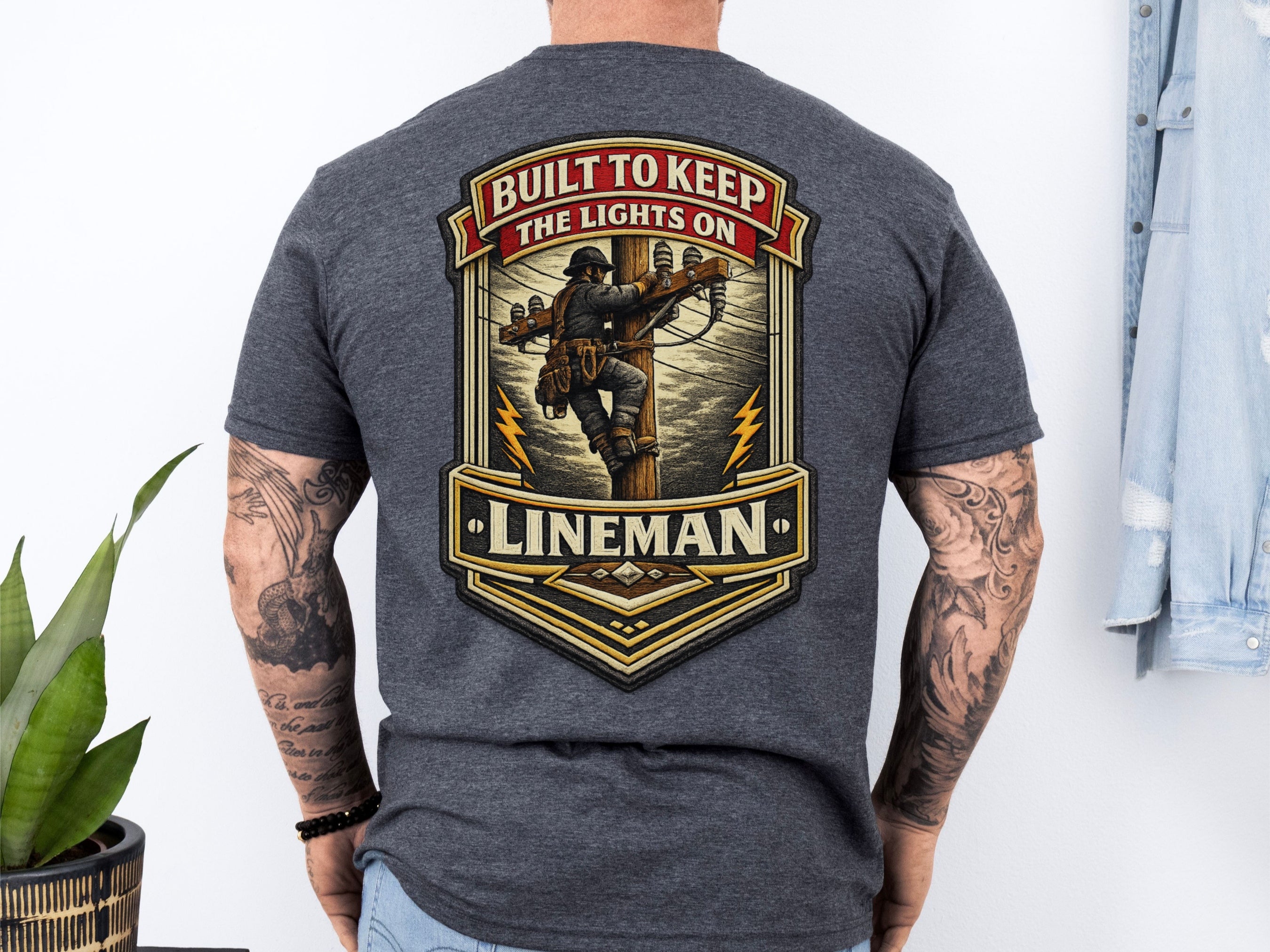 Lineman Shirt Built to Keep the Lights On Back Print Tee in Heather Gray shirt color