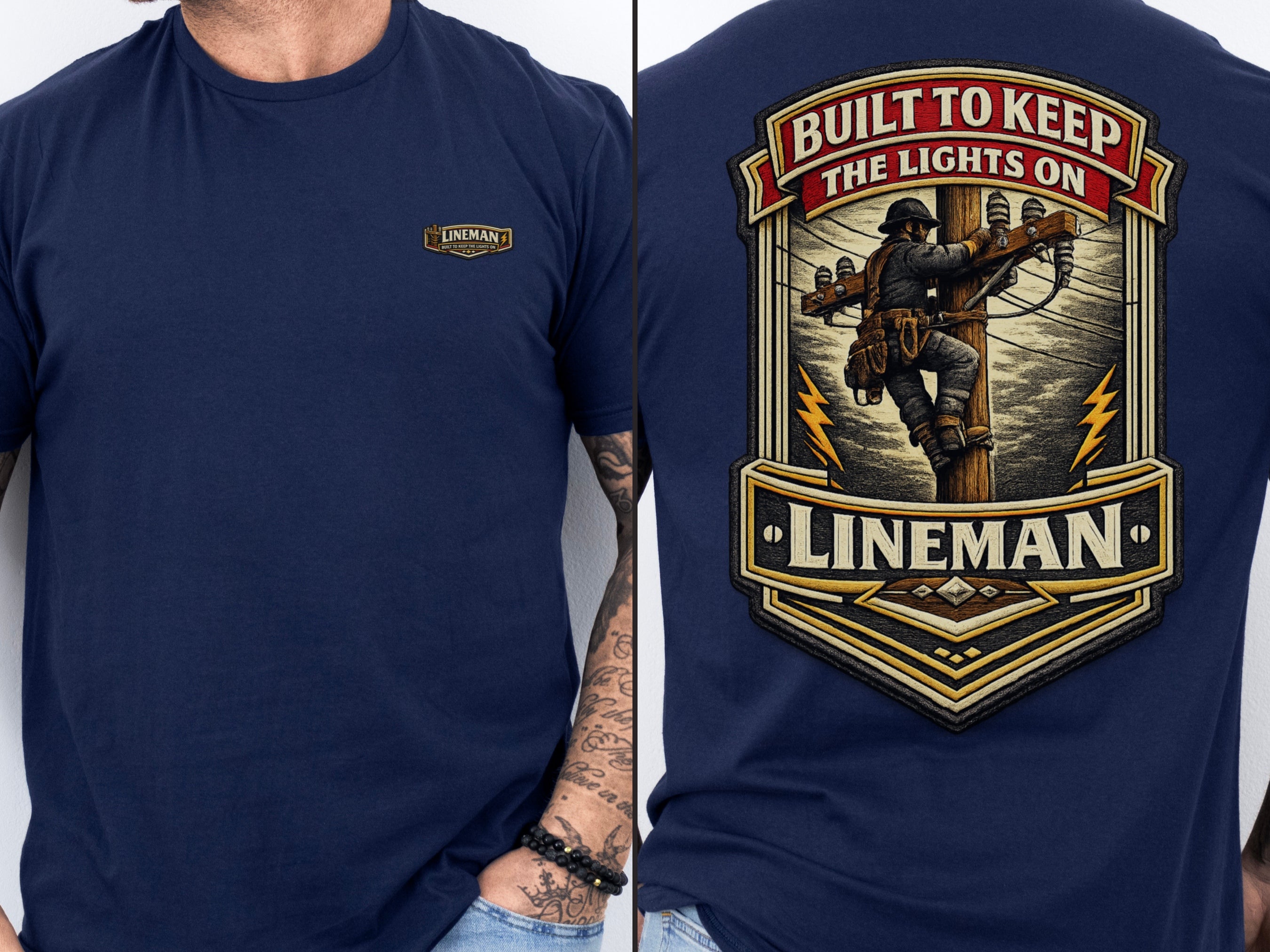 Lineman Shirt Built to Keep the Lights On Back Print Tee in Navy shirt color
