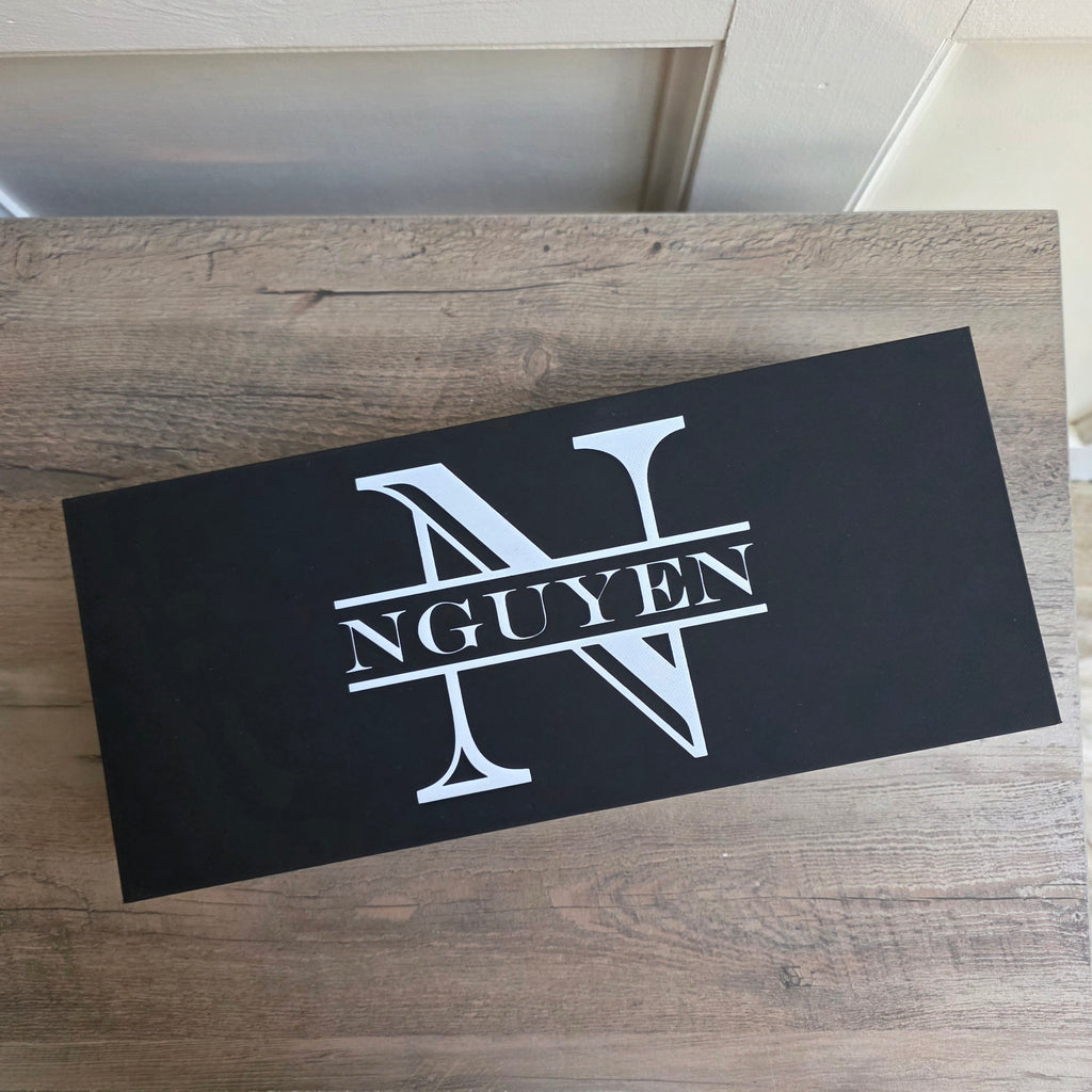 Custom UV printed black gift box lid with white personalized monogram design for a whiskey glass gift set.