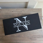 Custom UV printed black gift box lid with white personalized monogram design for a whiskey glass gift set.