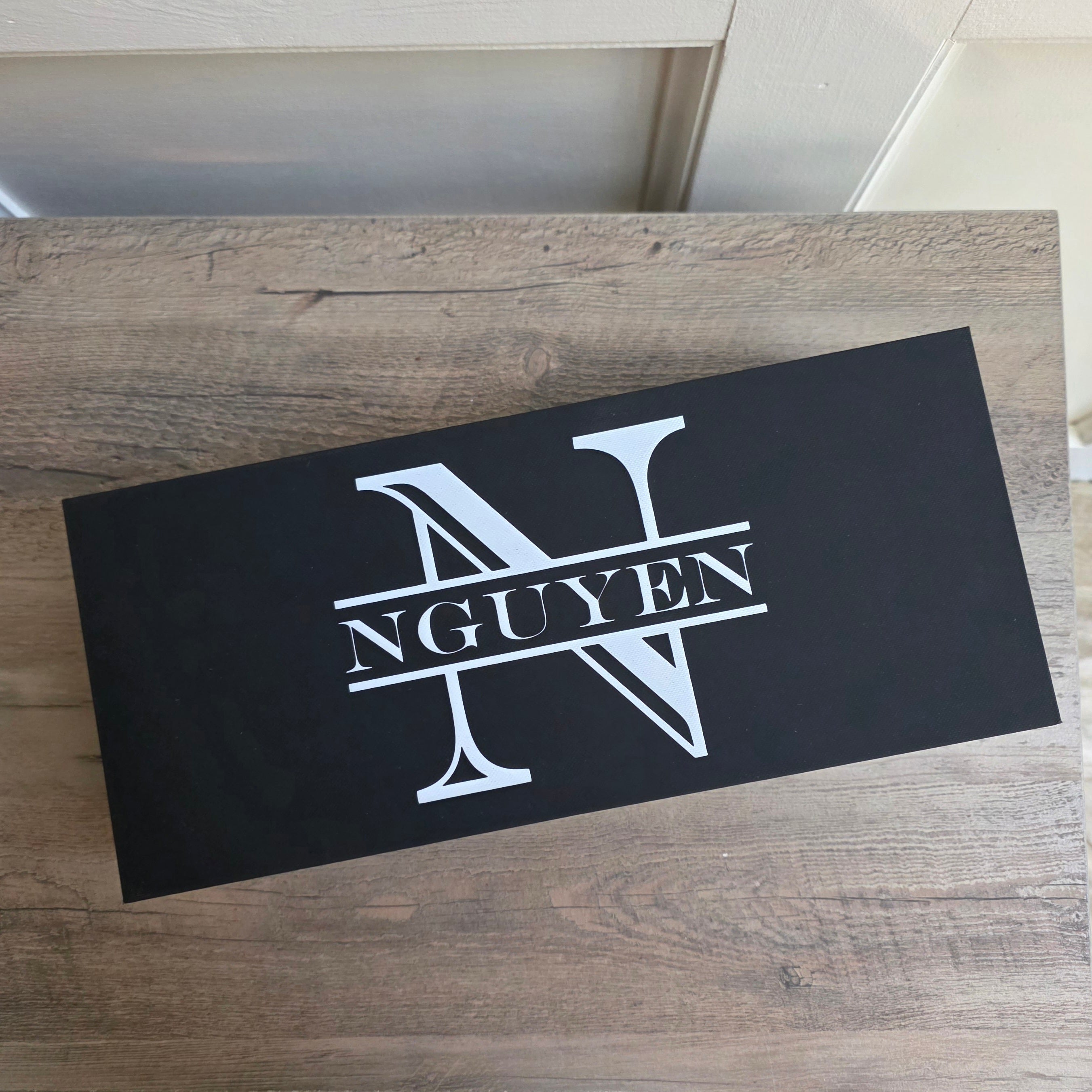 Custom UV printed black gift box lid with white personalized monogram design for a whiskey glass gift set.
