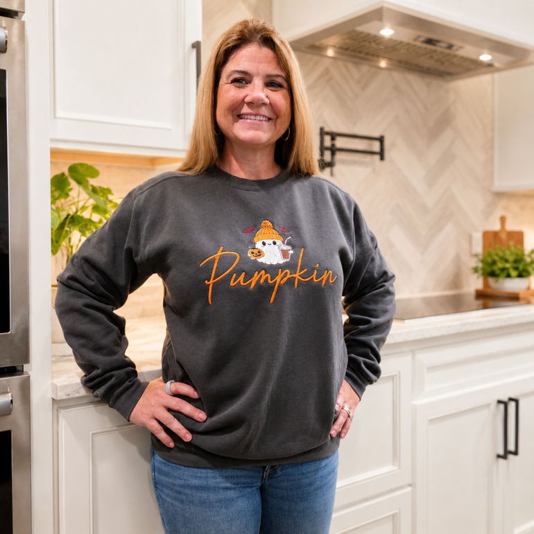 Pepper Comfort Colors 1566 Pumpkin ghost embroidered crewneck sweatshirt product view