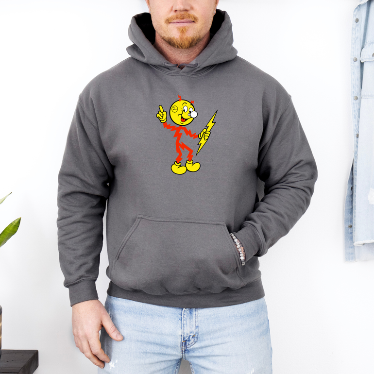 Reddy Kilowatt hoodie in charcoal on model