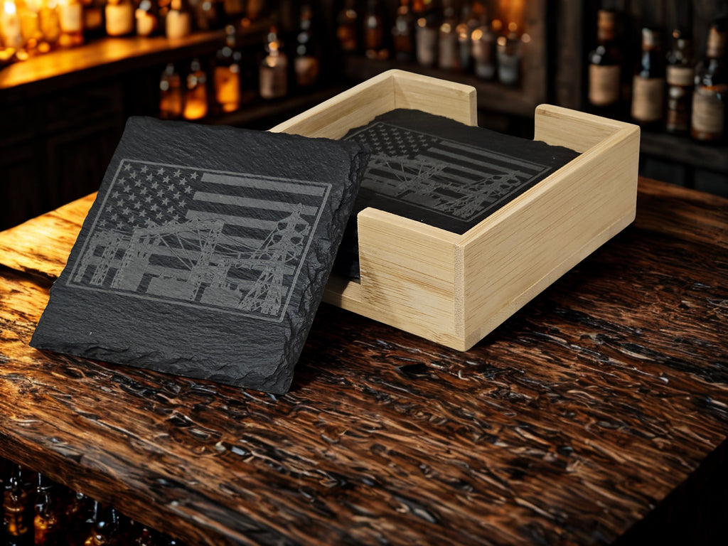 Substation Electrician Gift Engraved Slate Coaster Set with Wood Holder