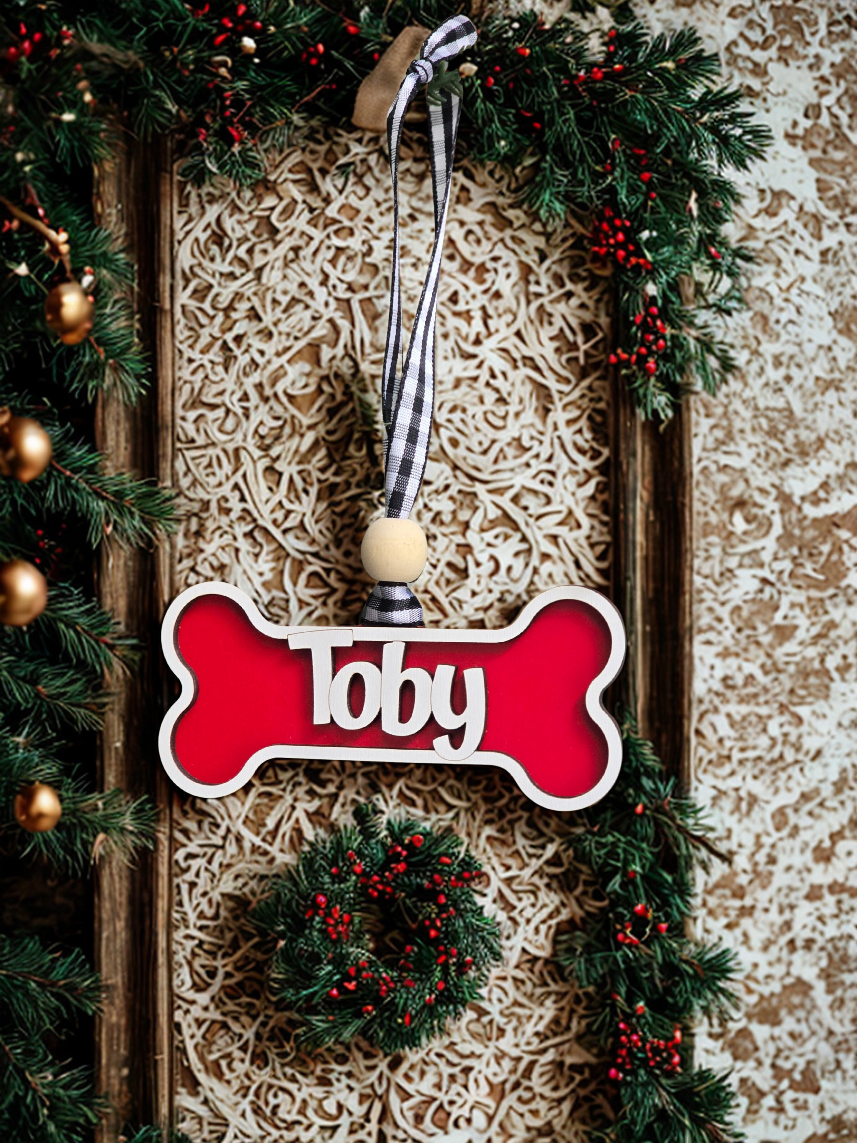 red dog bone christmas ornament