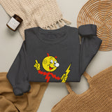 Dark heather Reddy Kilowatt crewneck sweatshirt styled flat lay