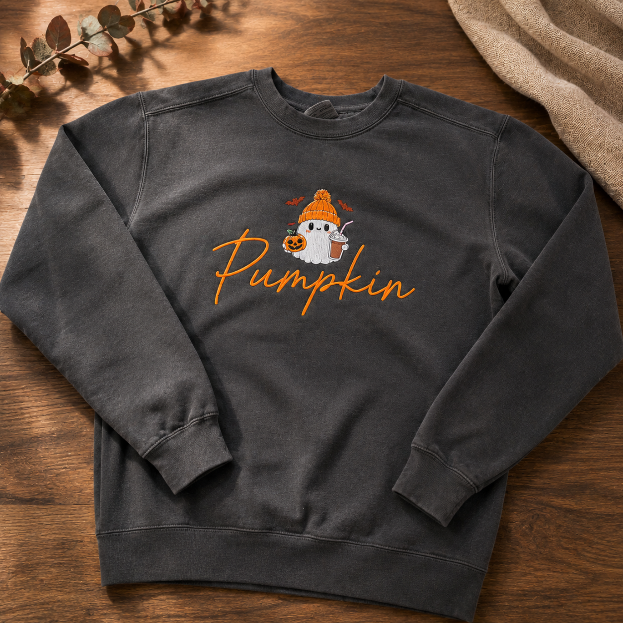 Alternate modeled view of the Pepper Pumpkin ghost embroidered Halloween sweatshirt