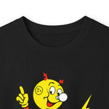 Close-up of Reddy Kilowatt graphic on black long sleeve shirt