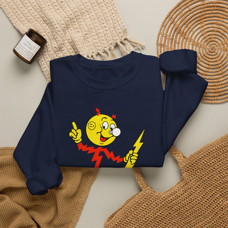 Navy Reddy Kilowatt crewneck sweatshirt styled flat lay