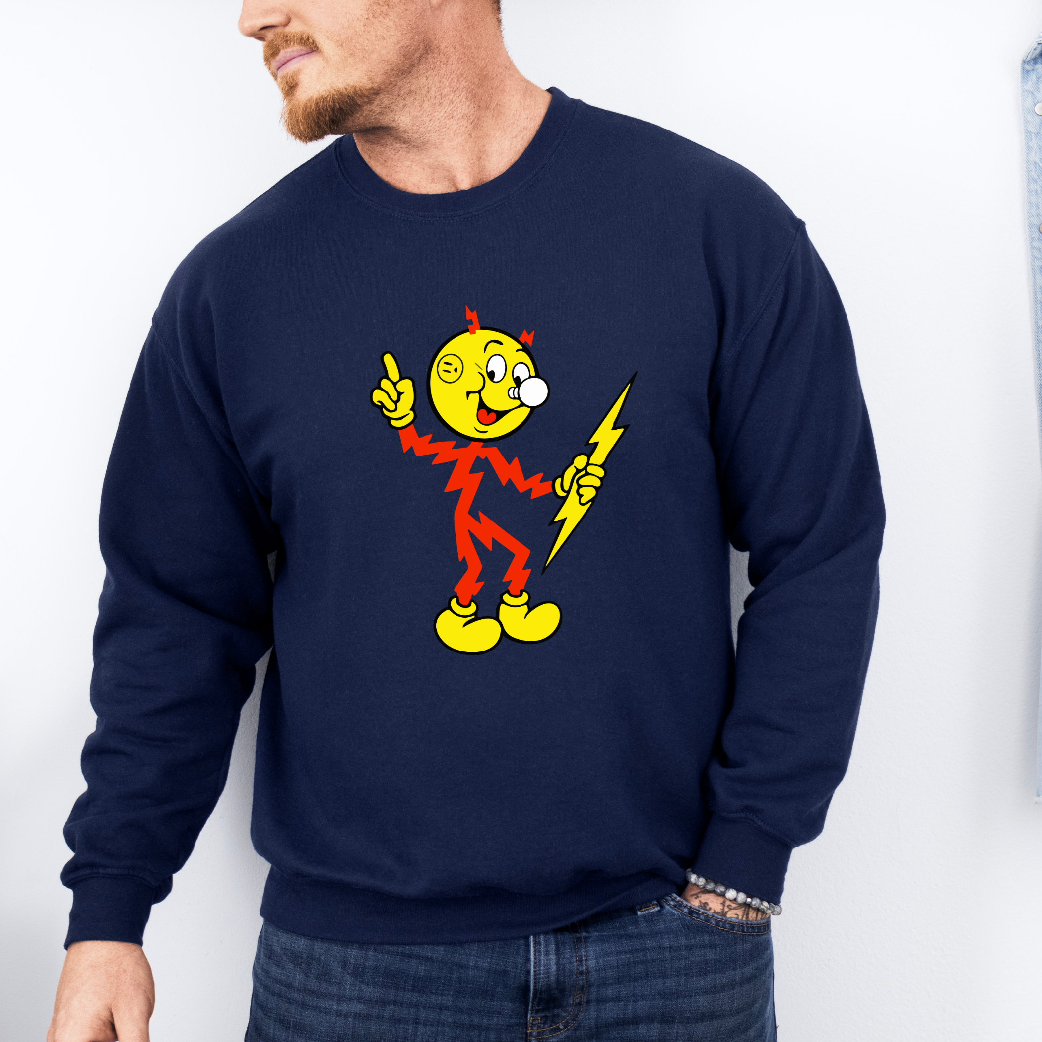 Reddy Kilowatt crewneck sweatshirt in navy on model