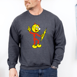 Reddy Kilowatt crewneck sweatshirt in dark heather on model