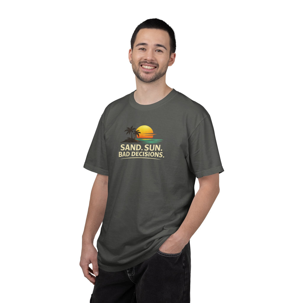 Funny Raccoon Beach Vacation Shirt – Sand Sun Bad Decisions Tee in Blue Jean shirt color