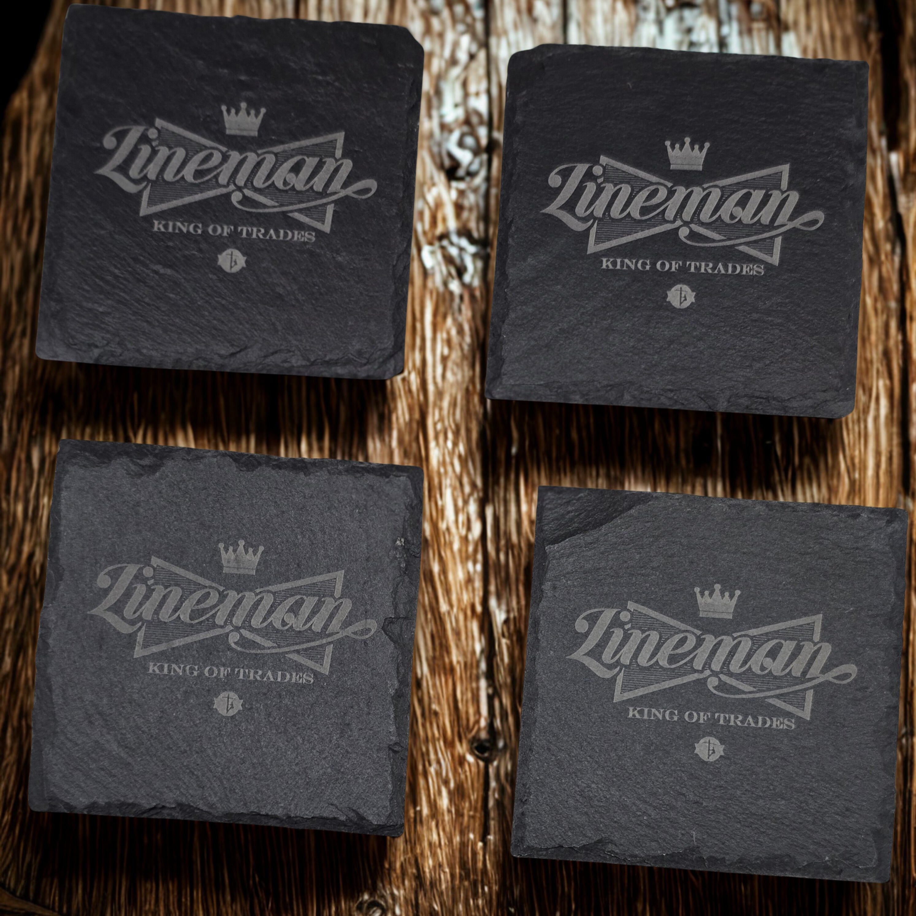 Engraved Lineman Slate Coaster Set with Wood Holder – King of Trades gift-ready set view