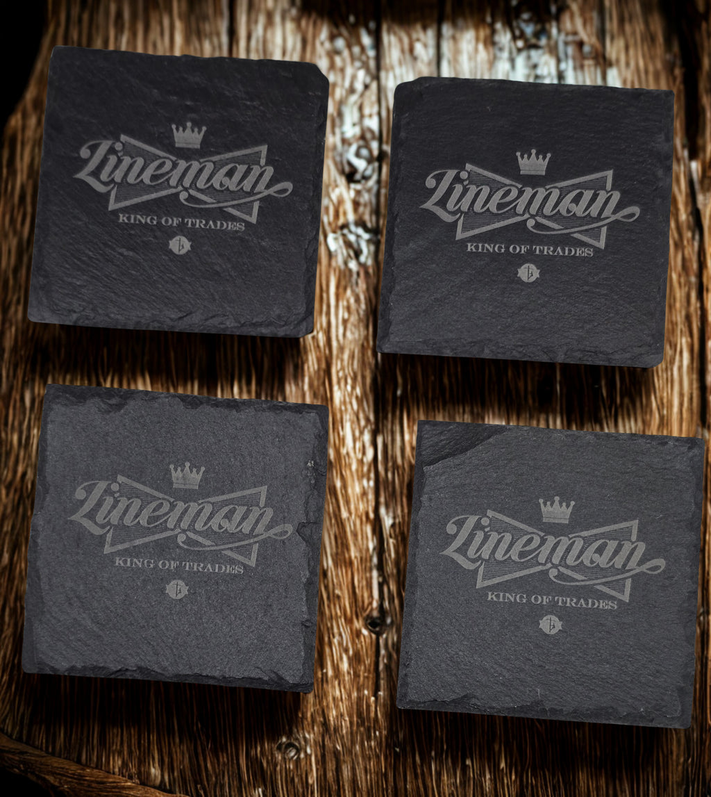 Engraved Lineman Slate Coaster Set with Wood Holder: King of Trades
