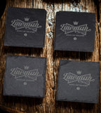 Engraved Lineman Slate Coaster Set with Wood Holder: King of Trades