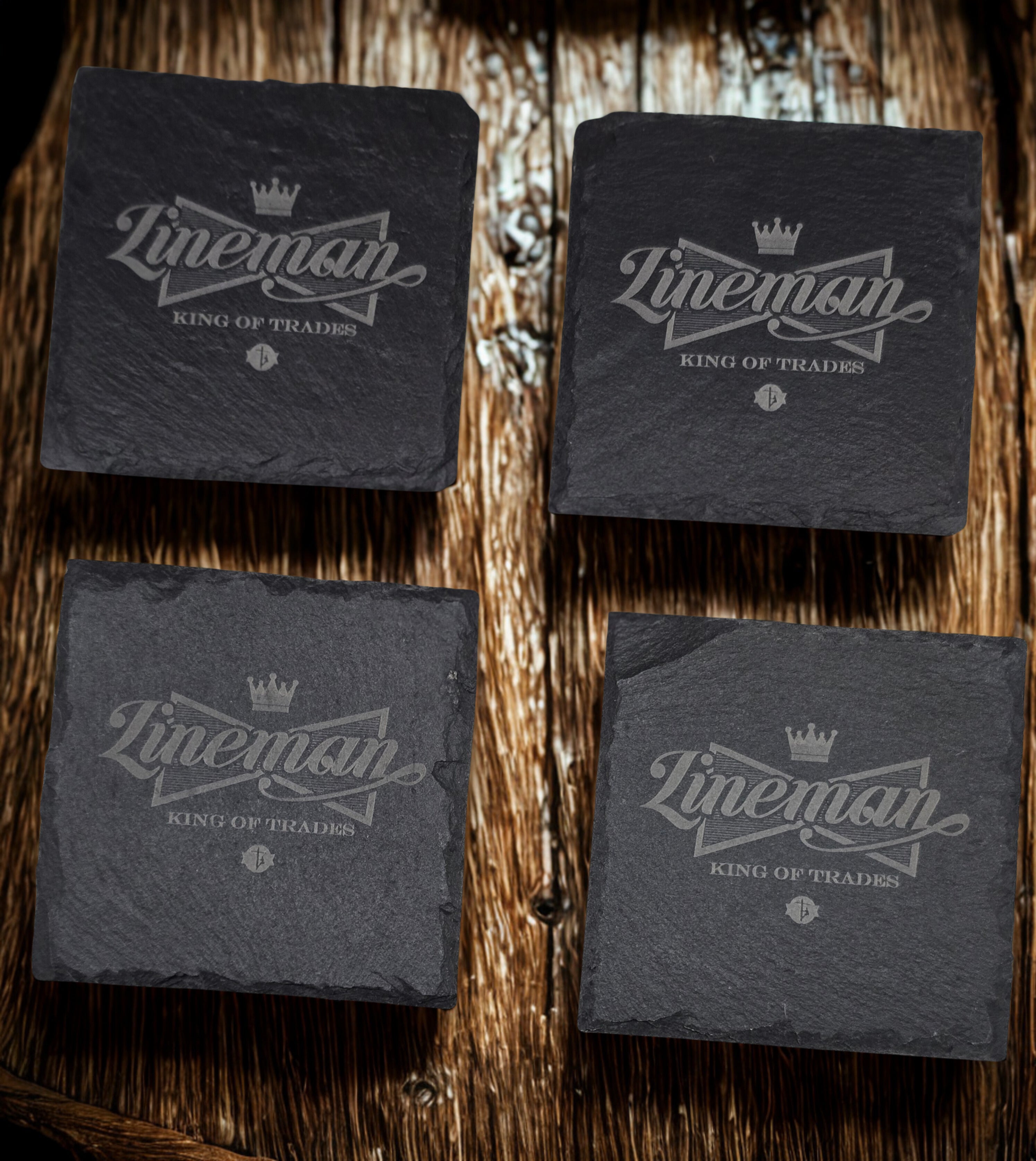 Engraved Lineman Slate Coaster Set with Wood Holder: King of Trades