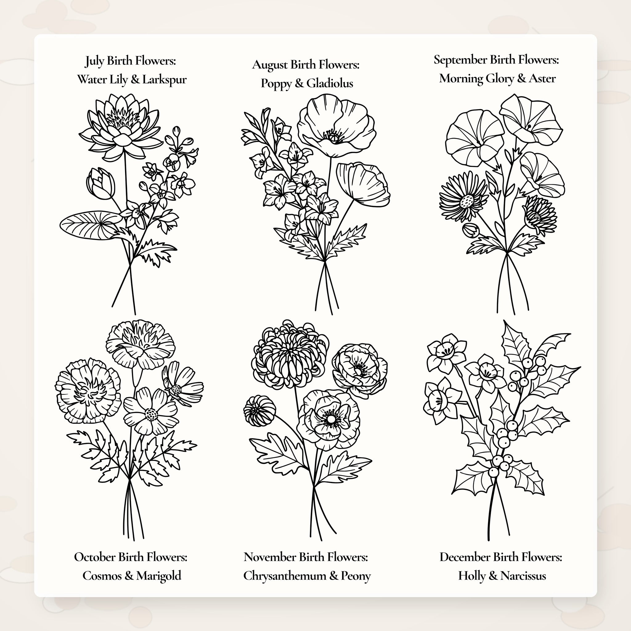 July through December birth flower design options for personalized jewelry case