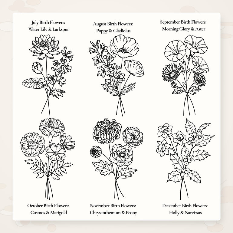 July through December birth flower design options for personalized jewelry case