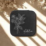 Personalized black birth flower travel jewelry case with custom name