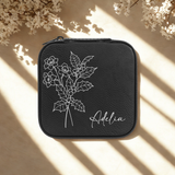 Personalized black birth flower travel jewelry case with custom name
