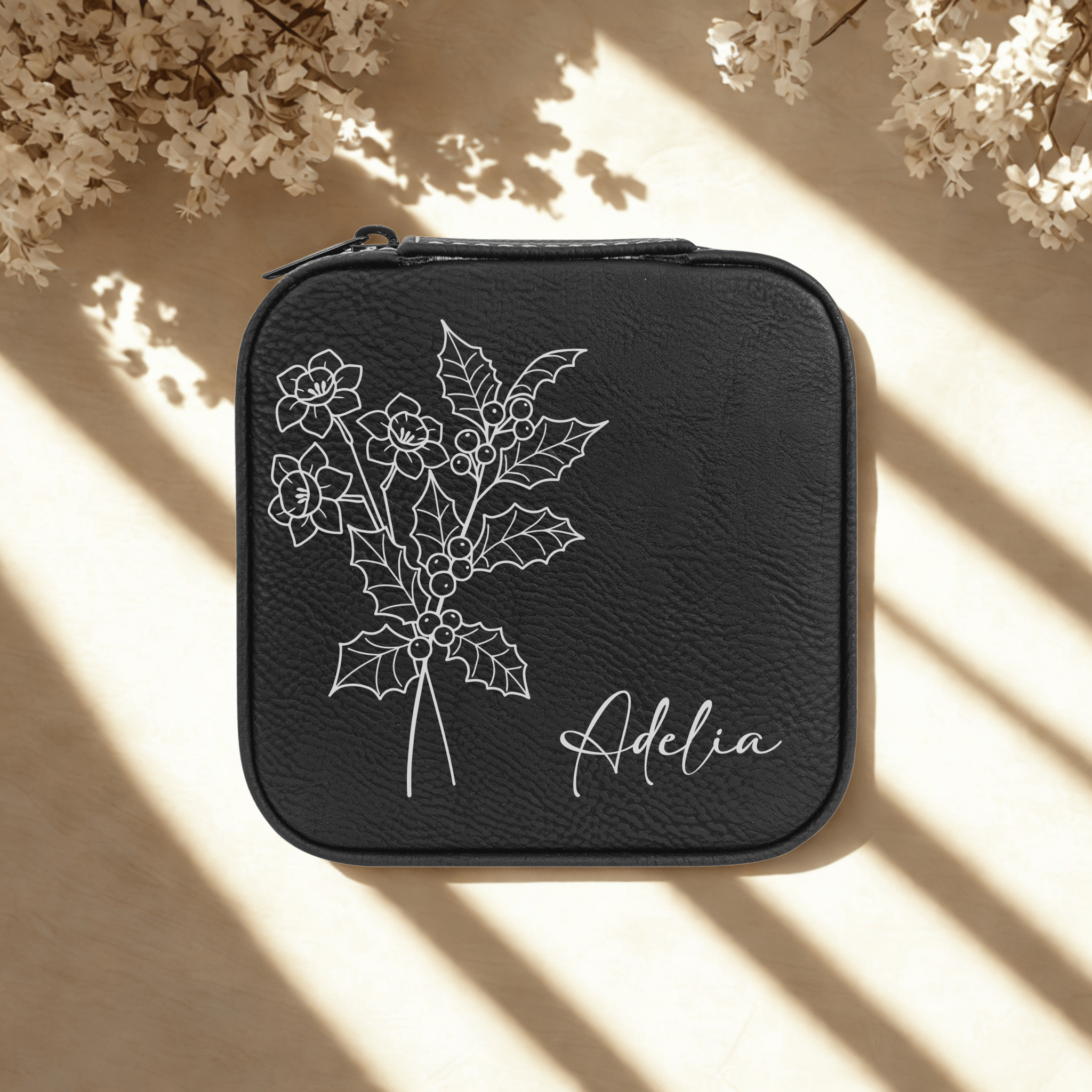 Personalized black birth flower travel jewelry case with custom name