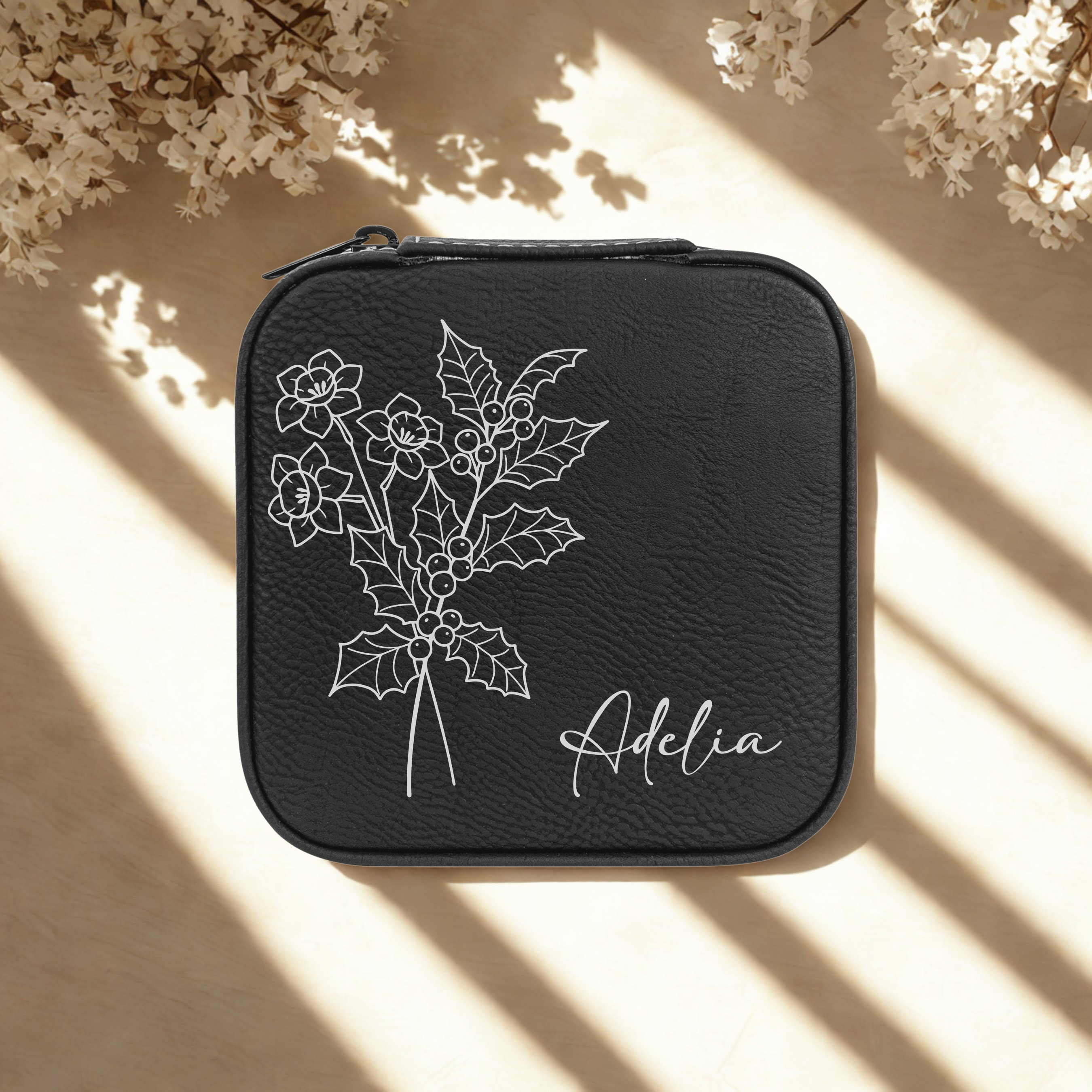 Personalized black birth flower travel jewelry case with custom name