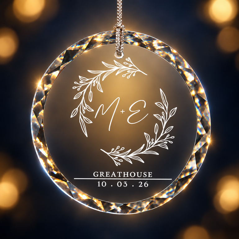 Personalized beveled glass Christmas ornament engraved with M + E, GREATHOUSE, and 10 · 03 · 26 against warm tree lights