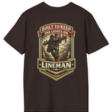 Lineman Shirt Built to Keep the Lights On Back Print Tee in Dark  Chocolate shirt color