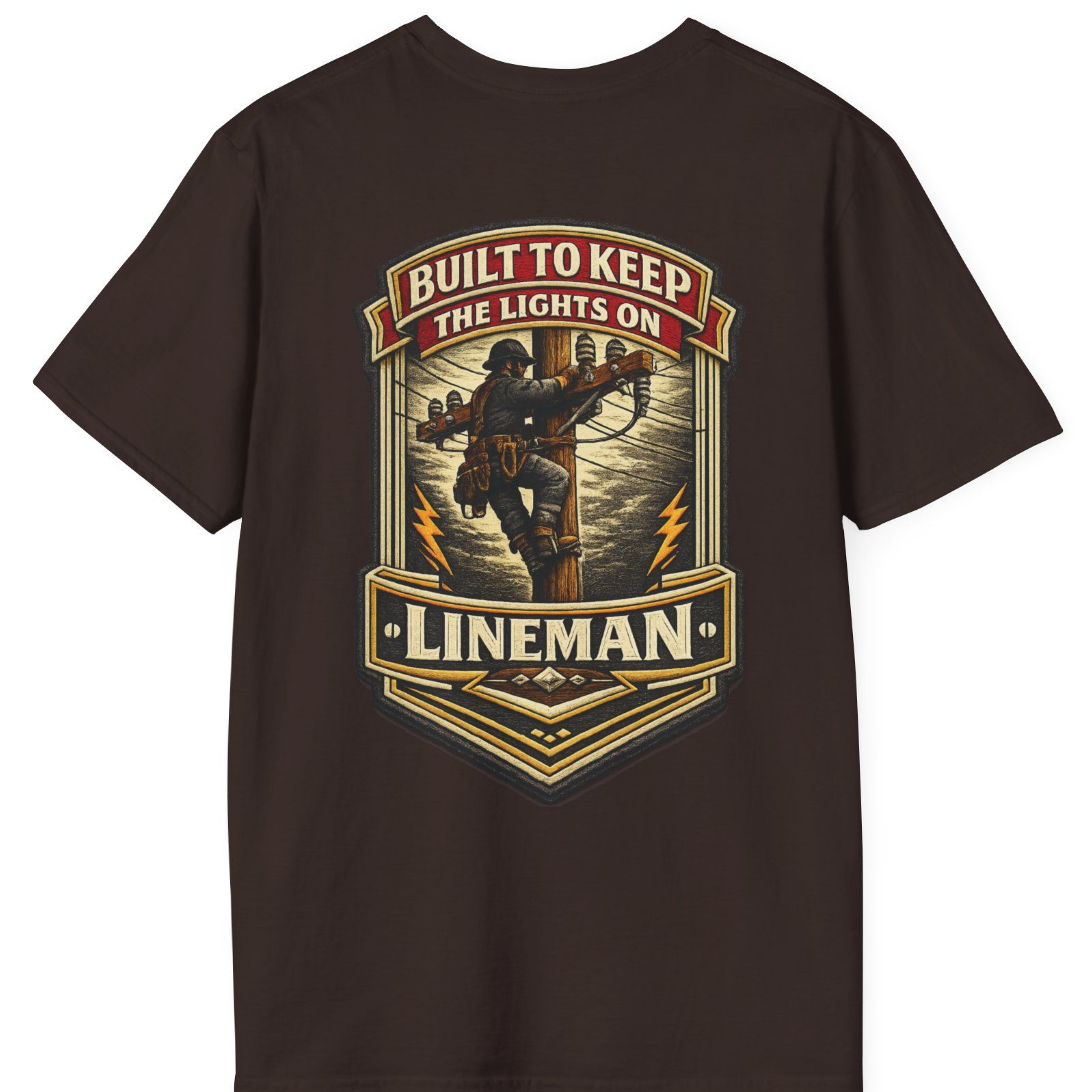 Lineman Shirt Built to Keep the Lights On Back Print Tee in Dark  Chocolate shirt color
