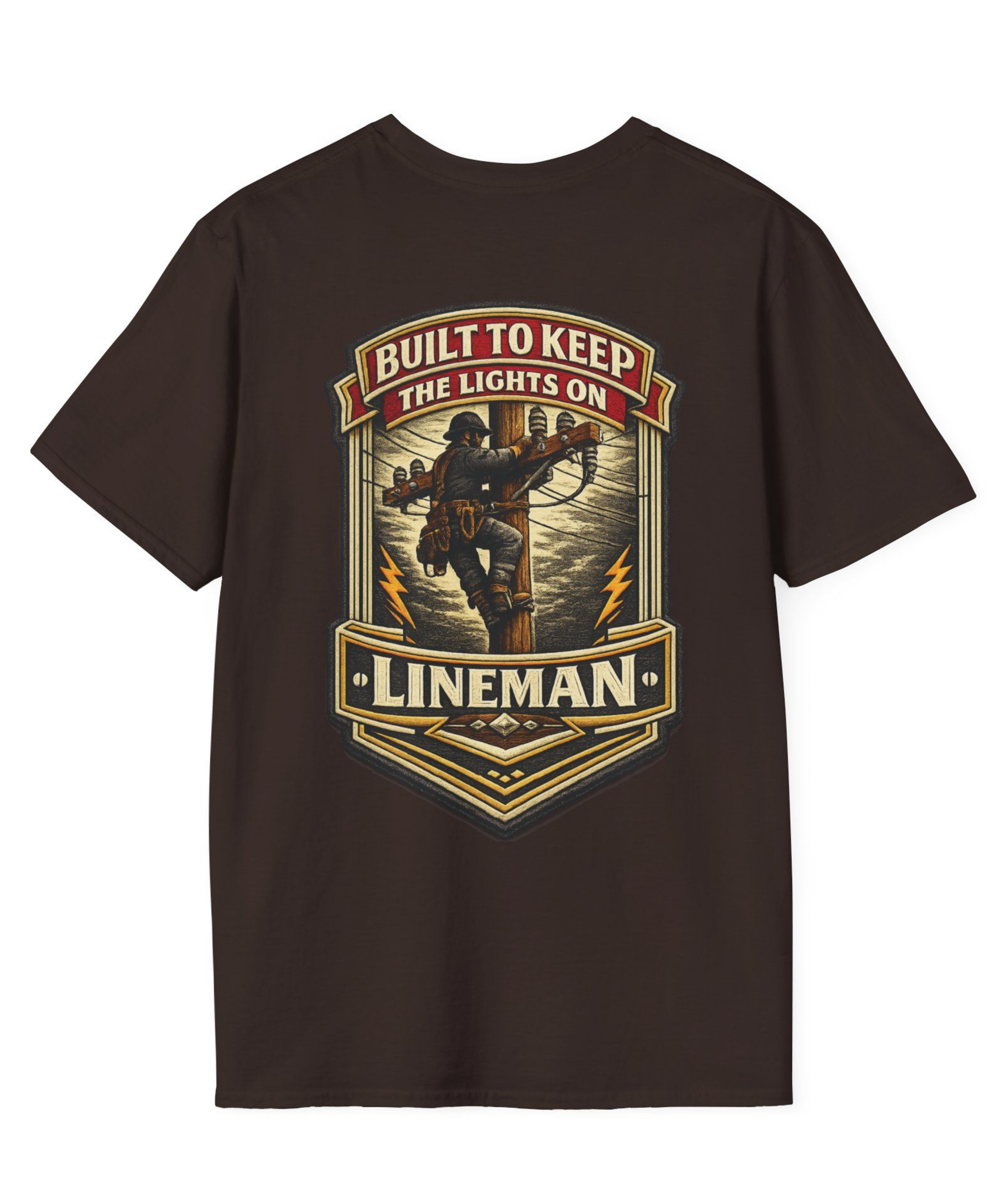 Lineman Shirt Built to Keep the Lights On Back Print Tee in Dark  Chocolate shirt color