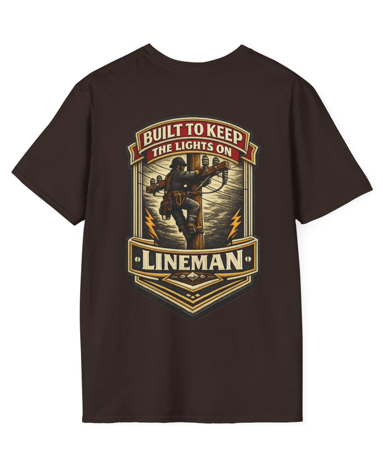 Lineman Shirt Built to Keep the Lights On Back Print Tee in Dark  Chocolate shirt color